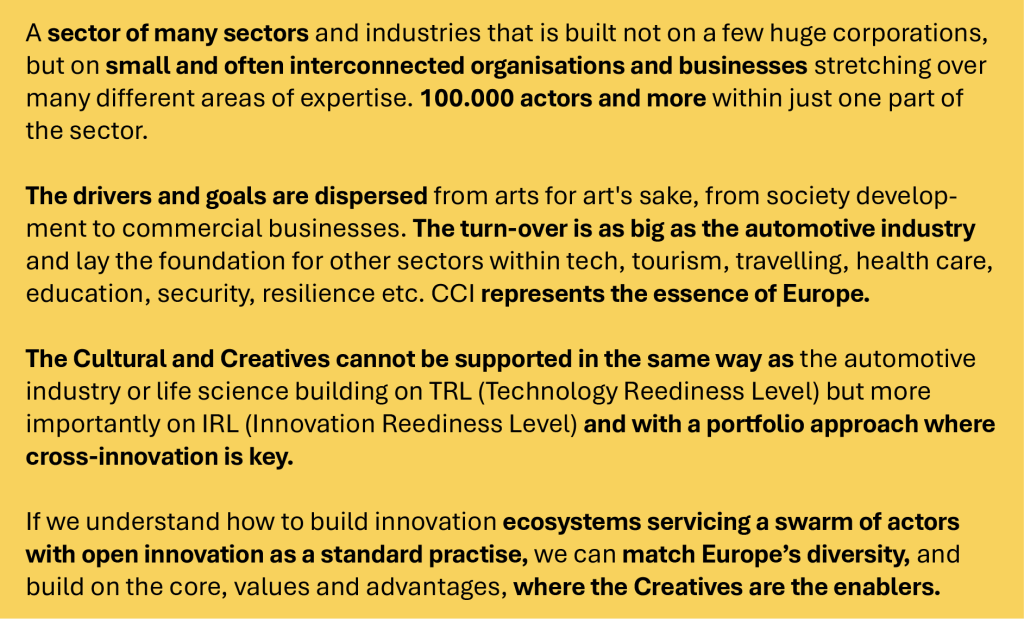 Cultural and Creative Industries explained as a swarm-based ecosystem of interconnected actors, highlighting open innovation, diversity and Europe’s competitive advantage.