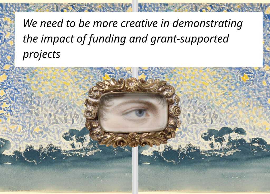 Visual exploring alternative ways of measuring impact of funding and grant-supported creative projects.