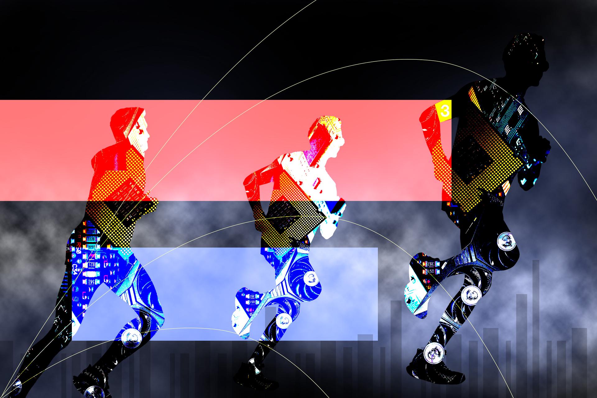 Three human silhouettes are depicted mid-stride, each comprising of a collage of hardware used to develop AI including circuit boards and CPU chips. In the background there is a black and grey gradient with smoke. Beneath the runners from the left, there are two rectangle panels which run across the image, one is red and the other is blue.